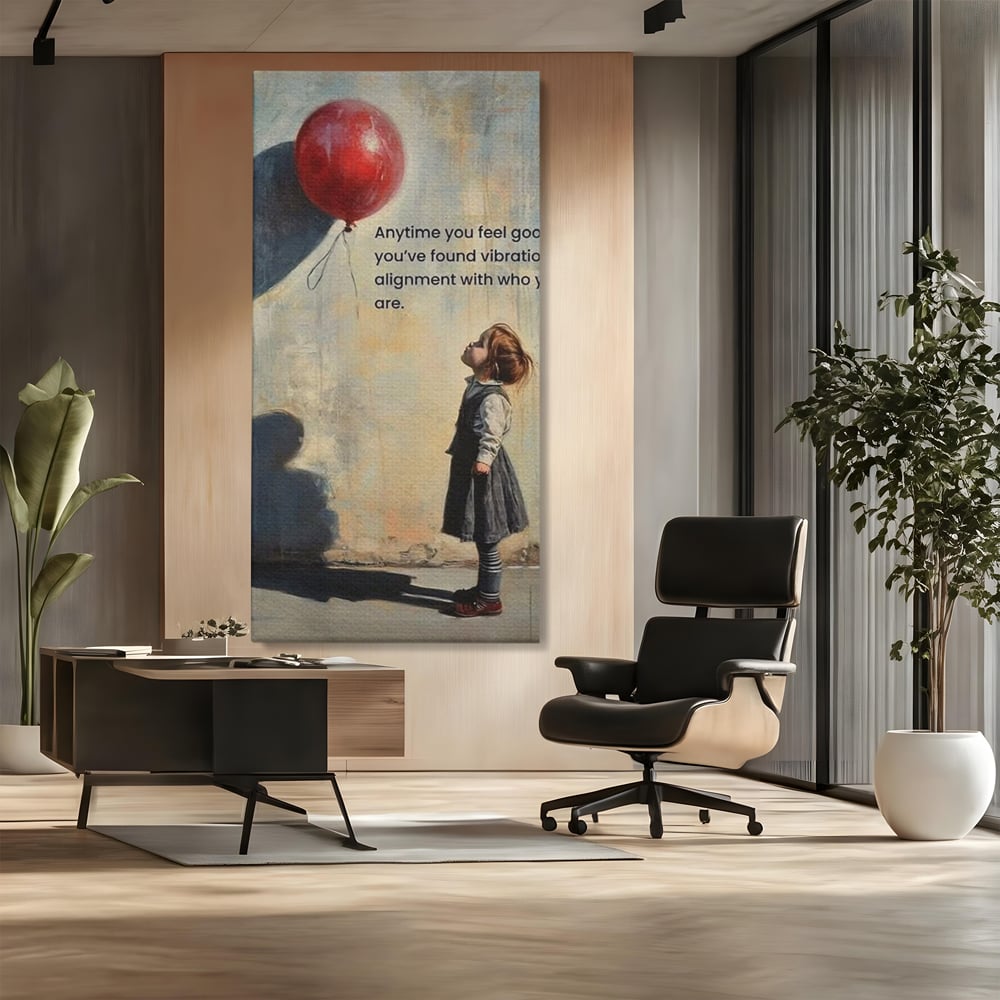 Tablou canvas cu tablou canvas cu fetita si balon rosu, fara rama, pe sasiu de lemn, pe perete intr-un birou